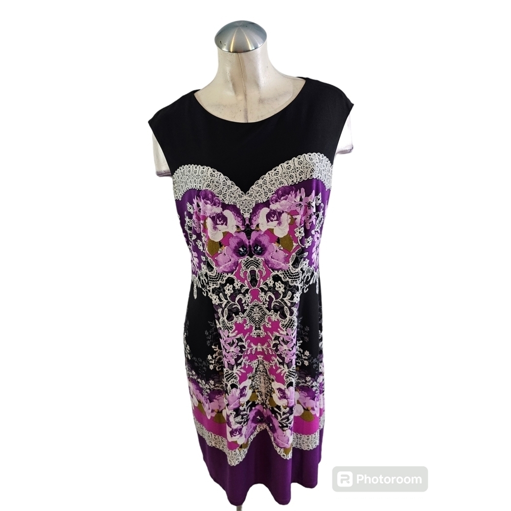 London Times Size 14 Black Purple Floral Dress